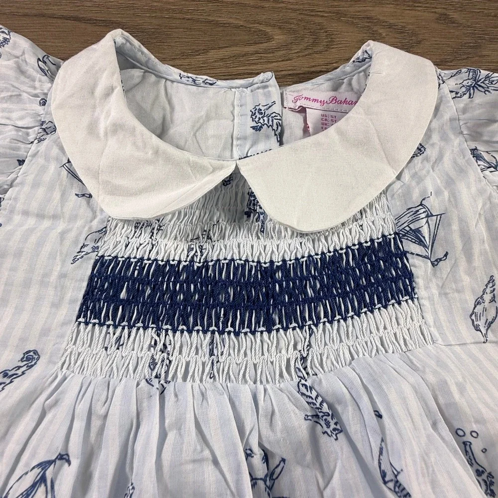 Tommy Bahama Girls Nautical Smocked Dress Blue White Stripe Size 5 Preppy